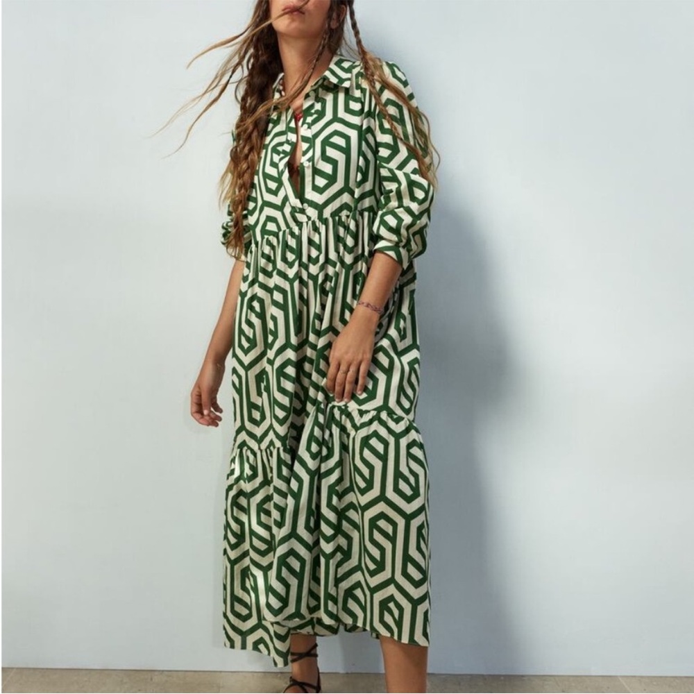 Zara Karen Geometric Green long Sleeve maxi tiered Sundress lightweight XXL NWT